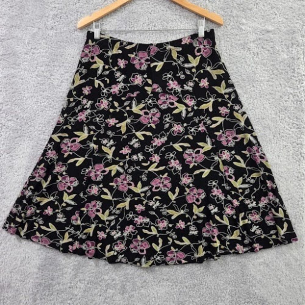 Coldwater Creek Skirt‎ PL Petite Large Black Floral Slinky Travel Knit Made USA